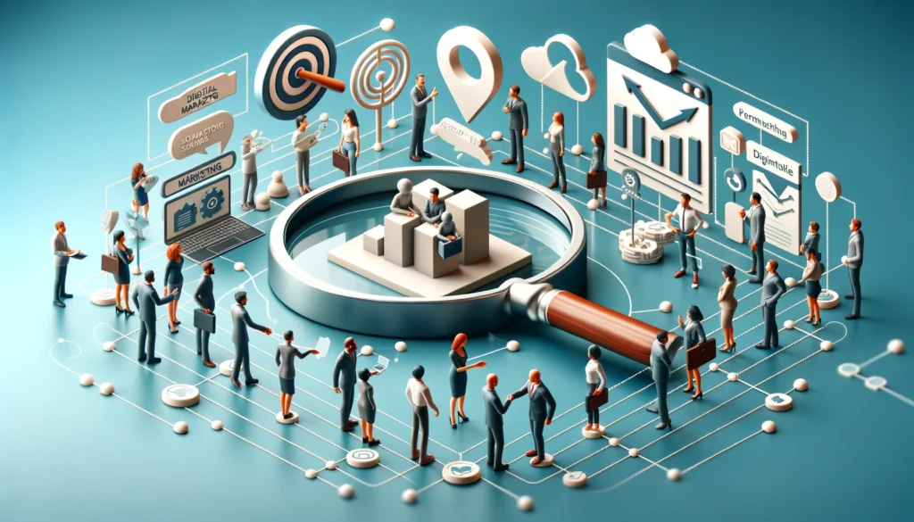 Mercado Tradicional X Marketing Multinível Como Adaptar seu Negócio 4 DALL·E 2024 04 29 12.55.00 A 3D horizontal illustration representing key steps for business success without text. 1. A 3D magnifying glass examining a product model. 2. Digital